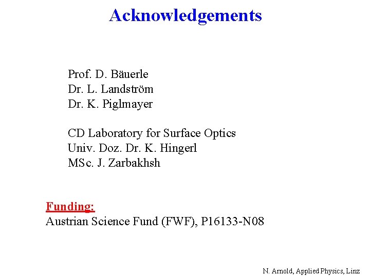 Acknowledgements Prof. D. Bäuerle Dr. L. Landström Dr. K. Piglmayer CD Laboratory for Surface