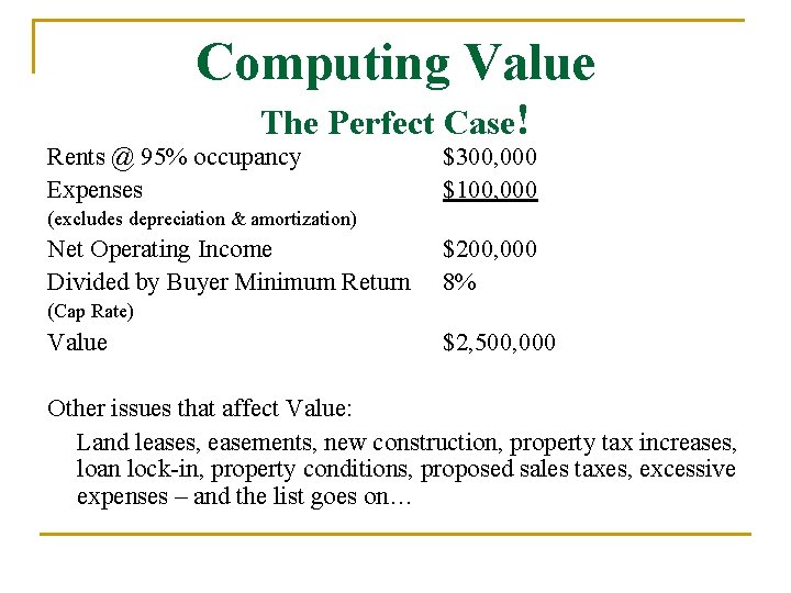 Computing Value The Perfect Case! Rents @ 95% occupancy Expenses $300, 000 $100, 000