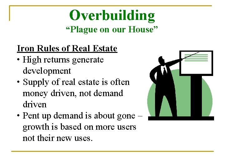 Overbuilding “Plague on our House” Iron Rules of Real Estate • High returns generate