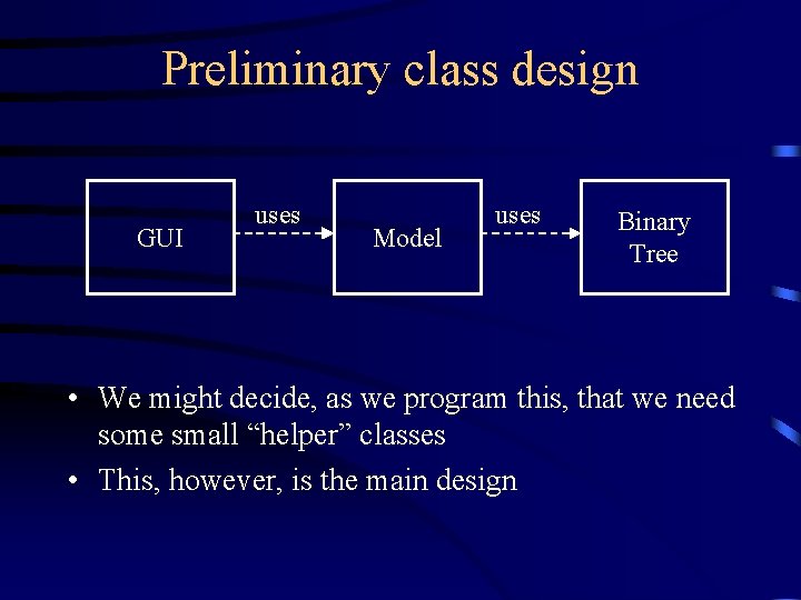 Preliminary class design GUI uses Model uses Binary Tree • We might decide, as