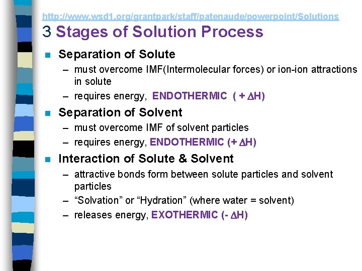 http: //www. wsd 1. org/grantpark/staff/patenaude/powerpoint/Solutions 3 Stages of Solution Process n Separation of Solute