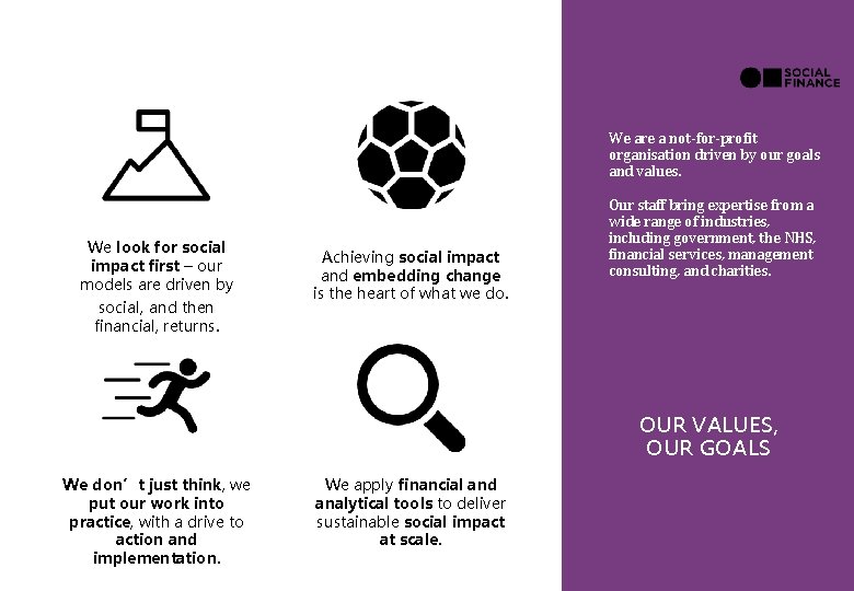 We are a not-for-profit organisation driven by our goals and values. We look for