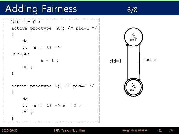 Adding Fairness bit a = 0 ; active proctype A() /* pid=1 */ {