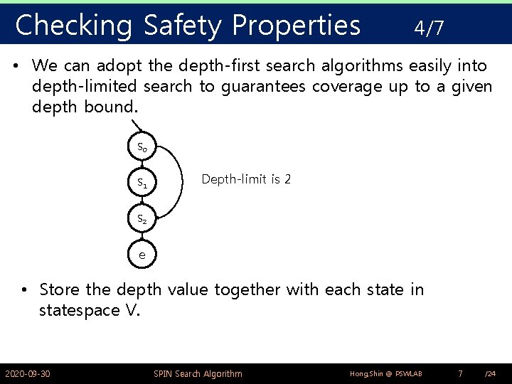 Checking Safety Properties 4/7 • We can adopt the depth-first search algorithms easily into