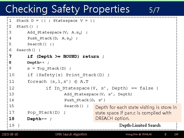 Checking Safety Properties 1 2 3 4 5 6 5/7 Stack D = {}