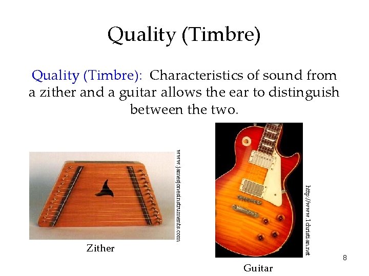 Quality (Timbre): Characteristics of sound from a zither and a guitar allows the ear