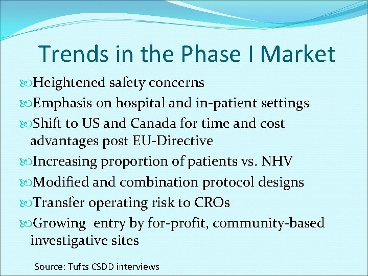 Trends in the Phase I Market Heightened safety concerns Emphasis on hospital and in-patient