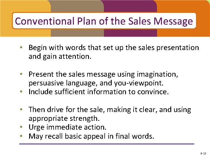 Conventional Plan of the Sales Message • Begin with words that set up the