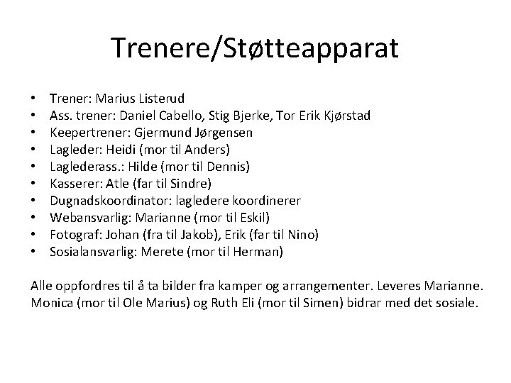 Trenere/Støtteapparat • • • Trener: Marius Listerud Ass. trener: Daniel Cabello, Stig Bjerke, Tor