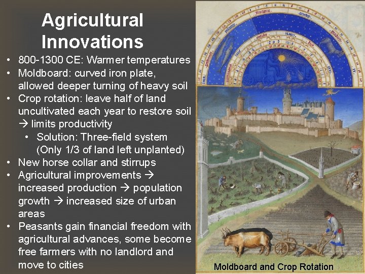 Agricultural Innovations • 800 -1300 CE: Warmer temperatures • Moldboard: curved iron plate, allowed