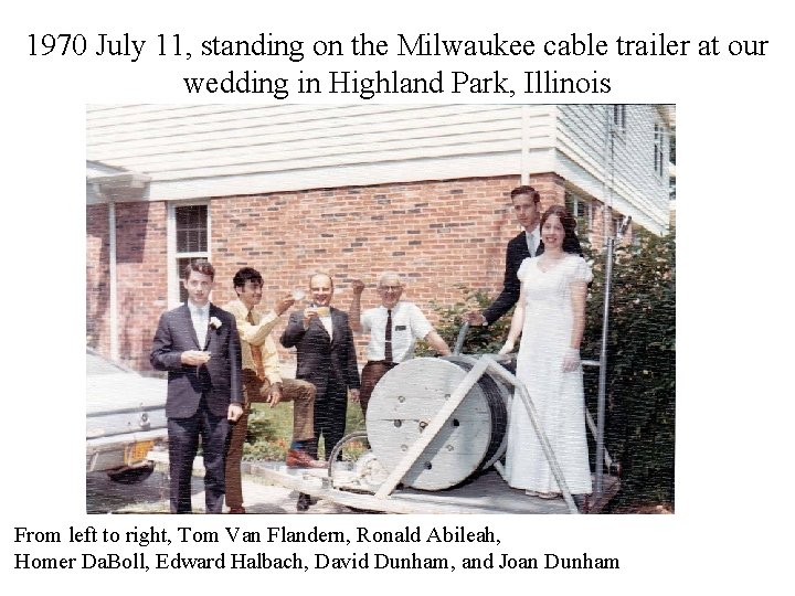 1970 July 11, standing on the Milwaukee cable trailer at our wedding in Highland