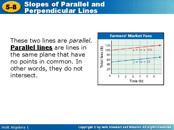 5 -8 Slopes of Parallel and Perpendicular Lines These two lines are parallel. Parallel