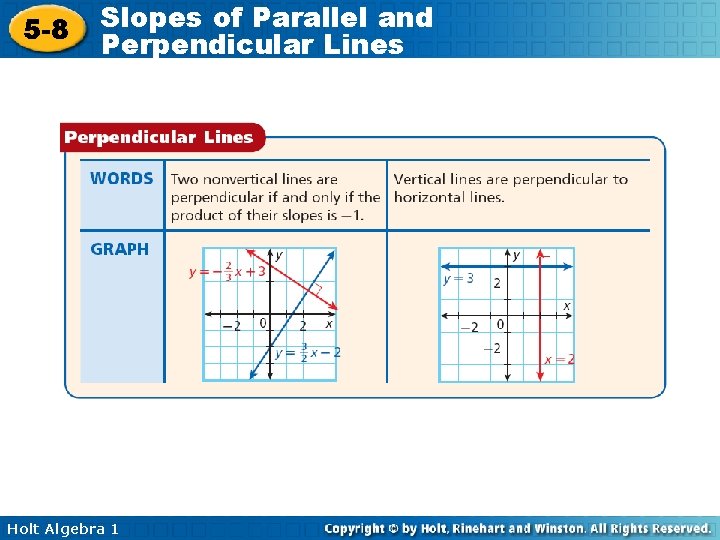 5 -8 Slopes of Parallel and Perpendicular Lines Holt Algebra 1 