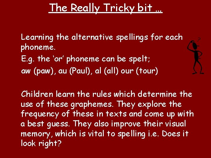 The Really Tricky bit … Learning the alternative spellings for each phoneme. E. g.