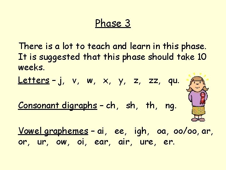 Phase 3 There is a lot to teach and learn in this phase. It