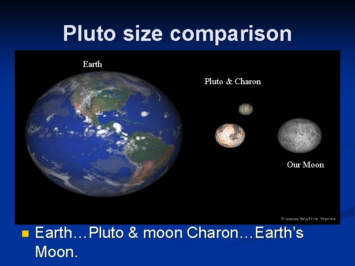Pluto size comparison Earth Pluto & Charon Our Moon n Earth…Pluto & moon Charon…Earth’s