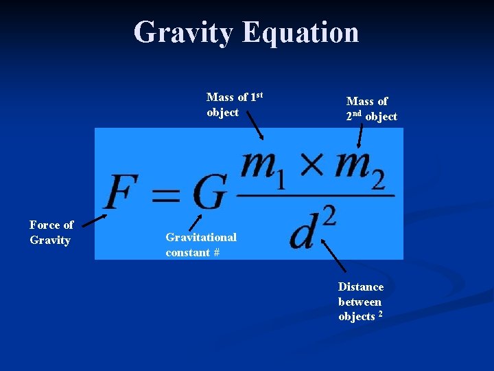 Gravity Equation Mass of 1 st object Force of Gravity Mass of 2 nd