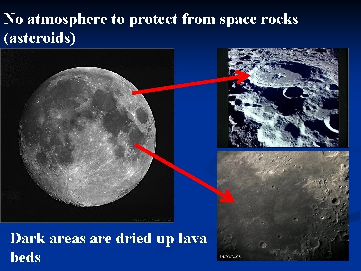 No atmosphere to protect from space rocks (asteroids) Dark areas are dried up lava