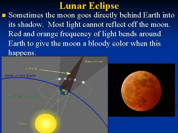 Lunar Eclipse n Sometimes the moon goes directly behind Earth into its shadow. Most