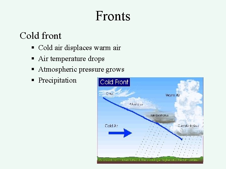 Fronts Cold front § § Cold air displaces warm air Air temperature drops Atmospheric