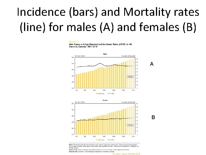 Incidence (bars) and Mortality rates (line) for males (A) and females (B) A B