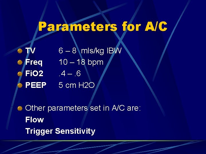 Parameters for A/C TV Freq Fi. O 2 PEEP 6 – 8 mls/kg IBW