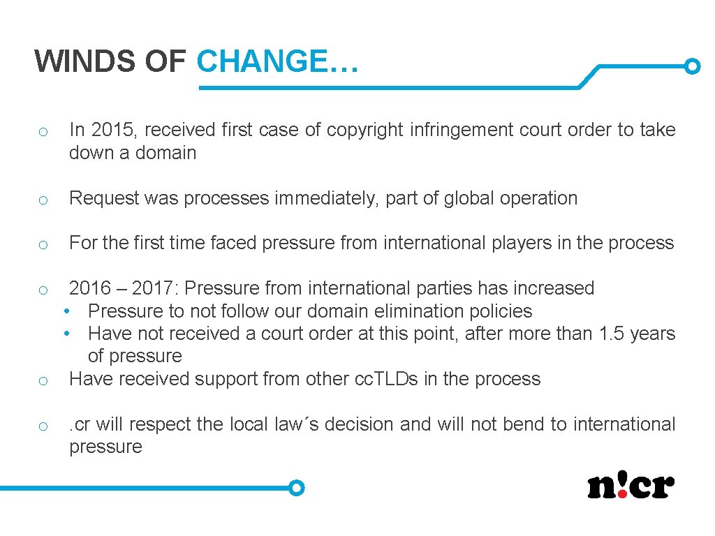 WINDS OF CHANGE… o In 2015, received first case of copyright infringement court order