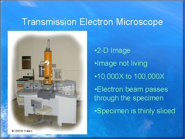 Transmission Electron Microscope • 2 -D Image • Image not living • 10, 000