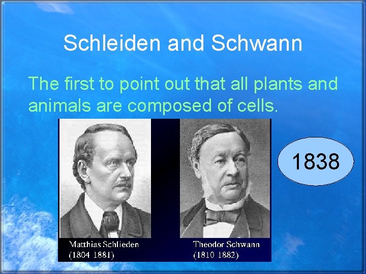 Schleiden and Schwann The first to point out that all plants and animals are