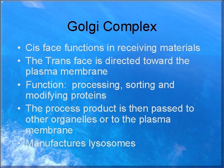 Golgi Complex • Cis face functions in receiving materials • The Trans face is