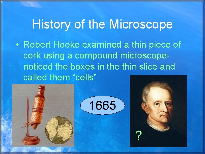 History of the Microscope • Robert Hooke examined a thin piece of cork using