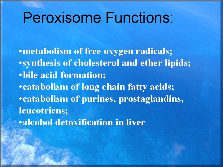 Peroxisome Functions: • metabolism of free oxygen radicals; • synthesis of cholesterol and ether