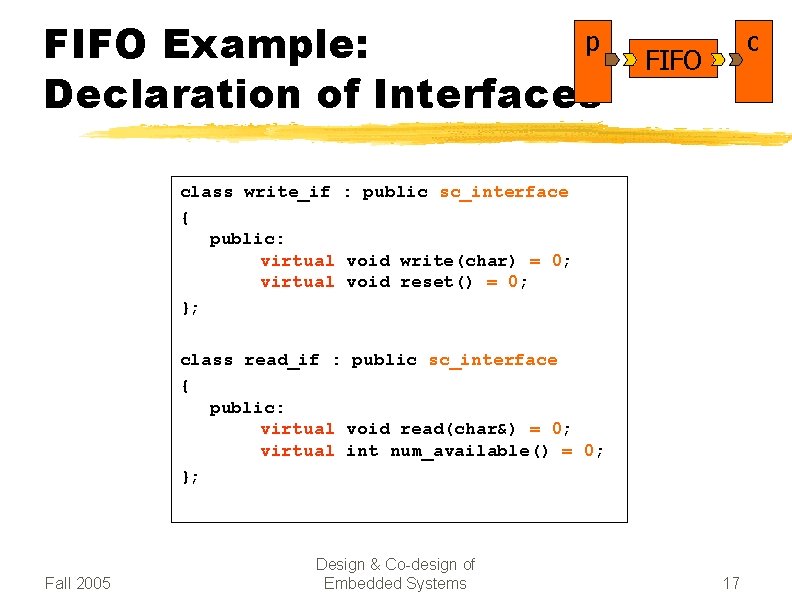 p FIFO Example: Declaration of Interfaces c FIFO class write_if : public sc_interface {