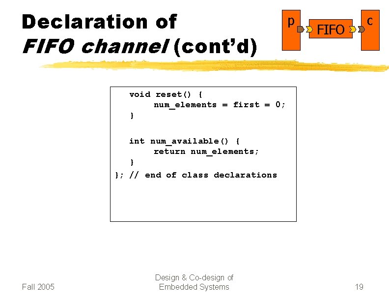 Declaration of FIFO channel (cont’d) p c FIFO void reset() { num_elements = first
