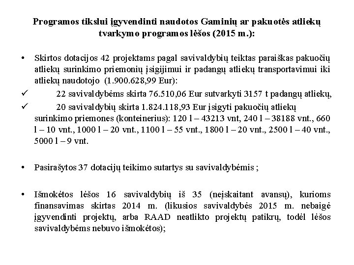 Programos tikslui įgyvendinti naudotos Gaminių ar pakuotės atliekų tvarkymo programos lėšos (2015 m. ):