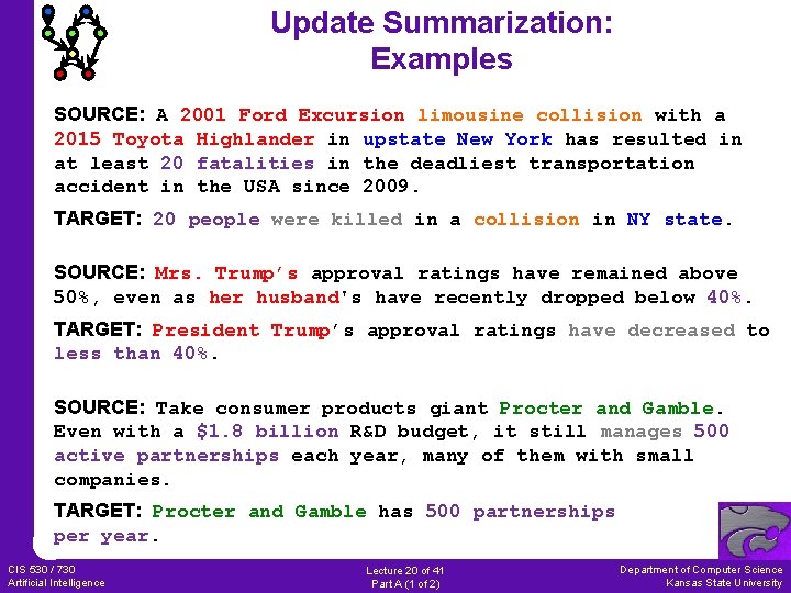 Update Summarization: Examples SOURCE: A 2001 Ford Excursion limousine collision with a 2015 Toyota
