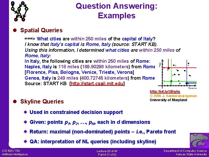 Question Answering: Examples l Spatial Queries ===> What cities are within 250 miles of