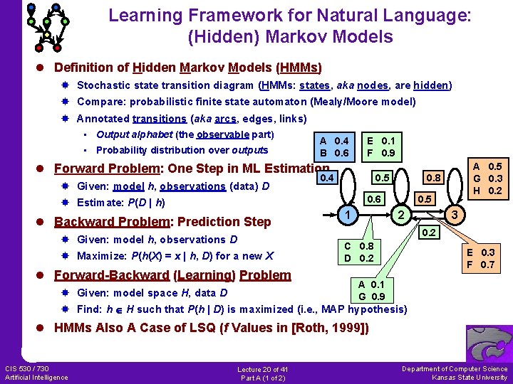 Learning Framework for Natural Language: (Hidden) Markov Models l Definition of Hidden Markov Models
