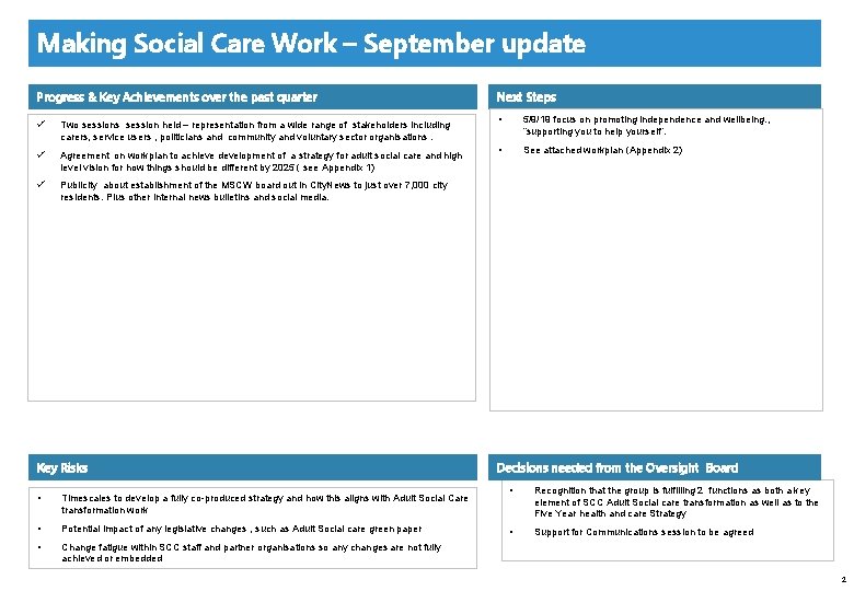 Making Social Care Work – September update Progress & Key Achievements over the past