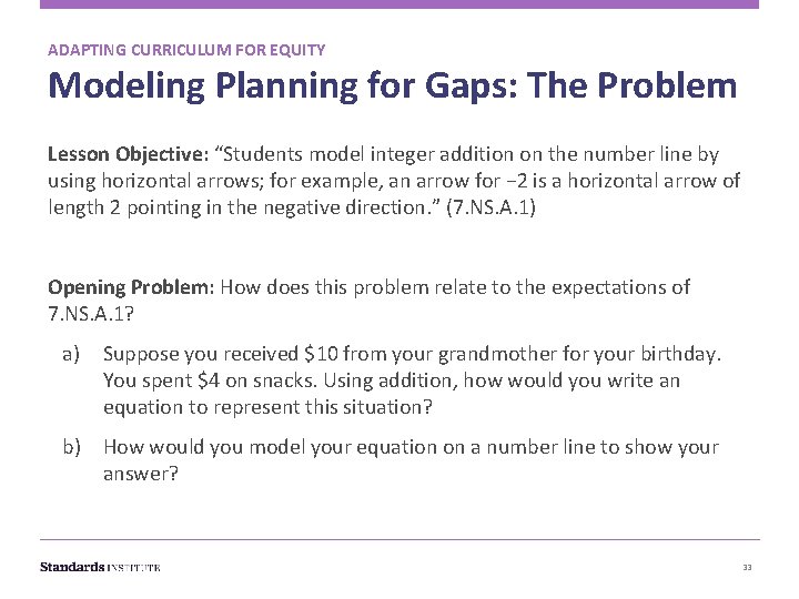 ADAPTING CURRICULUM FOR EQUITY Modeling Planning for Gaps: The Problem Lesson Objective: “Students model