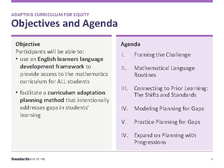 ADAPTING CURRICULUM FOR EQUITY Objectives and Agenda Objective Participants will be able to: •