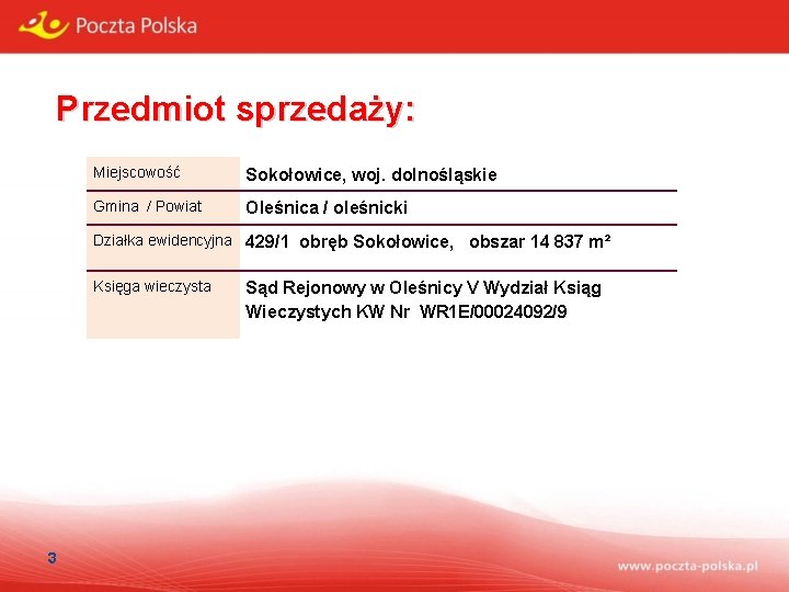 Przedmiot sprzedaży: Miejscowość Sokołowice, woj. dolnośląskie Gmina / Powiat Oleśnica / oleśnicki Działka ewidencyjna