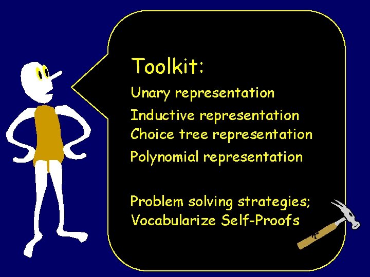 Toolkit: Unary representation Inductive representation Choice tree representation Polynomial representation Problem solving strategies; Vocabularize