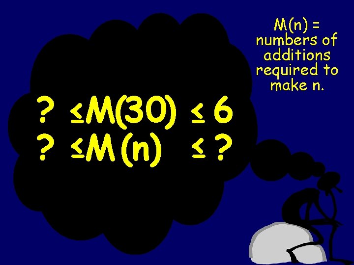 ? ? ≤M(30) ≤ 6 ≤M (n) ≤ ? M(n) = numbers of additions