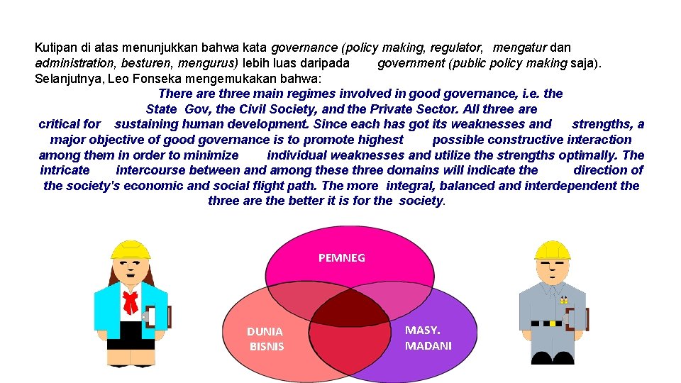 Kutipan di atas menunjukkan bahwa kata governance (policy making, regulator, mengatur dan administration, besturen,