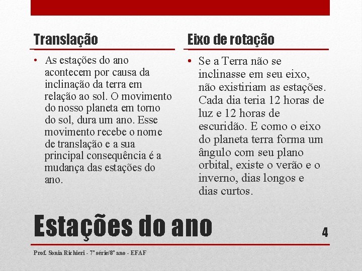 Translação Eixo de rotação • As estações do ano acontecem por causa da inclinação Translação Eixo de rotação • As estações do ano acontecem por causa da inclinação