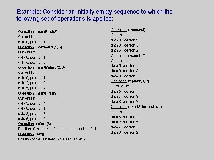 Example: Consider an initially empty sequence to which the following set of operations is