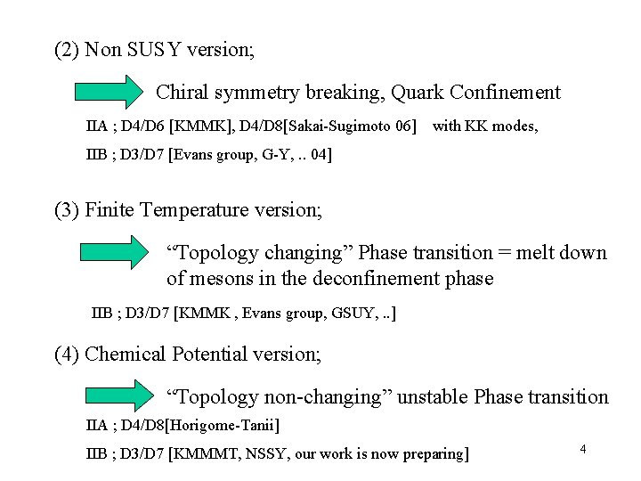 (2) Non SUSY version; Chiral symmetry breaking, Quark Confinement IIA ; D 4/D 6