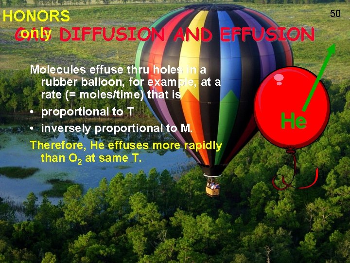 HONORS only DIFFUSION AND EFFUSION GAS Molecules effuse thru holes in a rubber balloon,