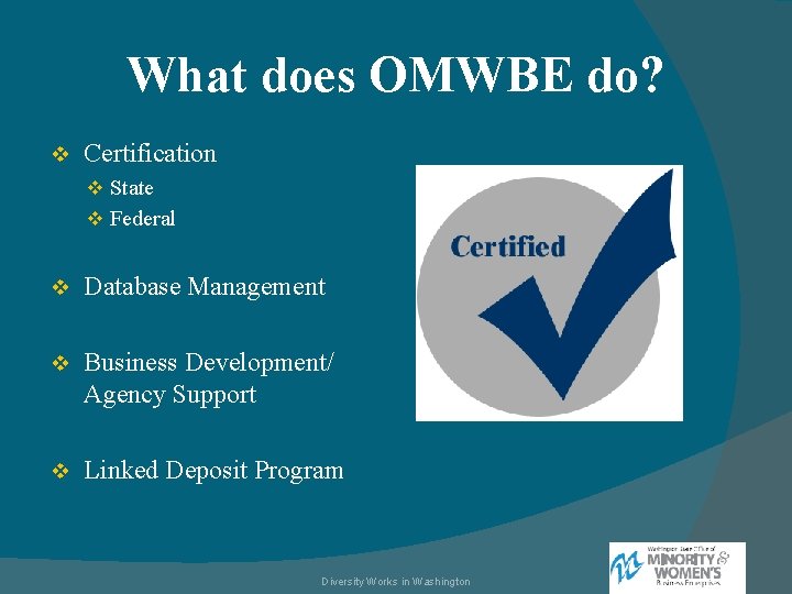 What does OMWBE do? v Certification v State v Federal v Database Management v